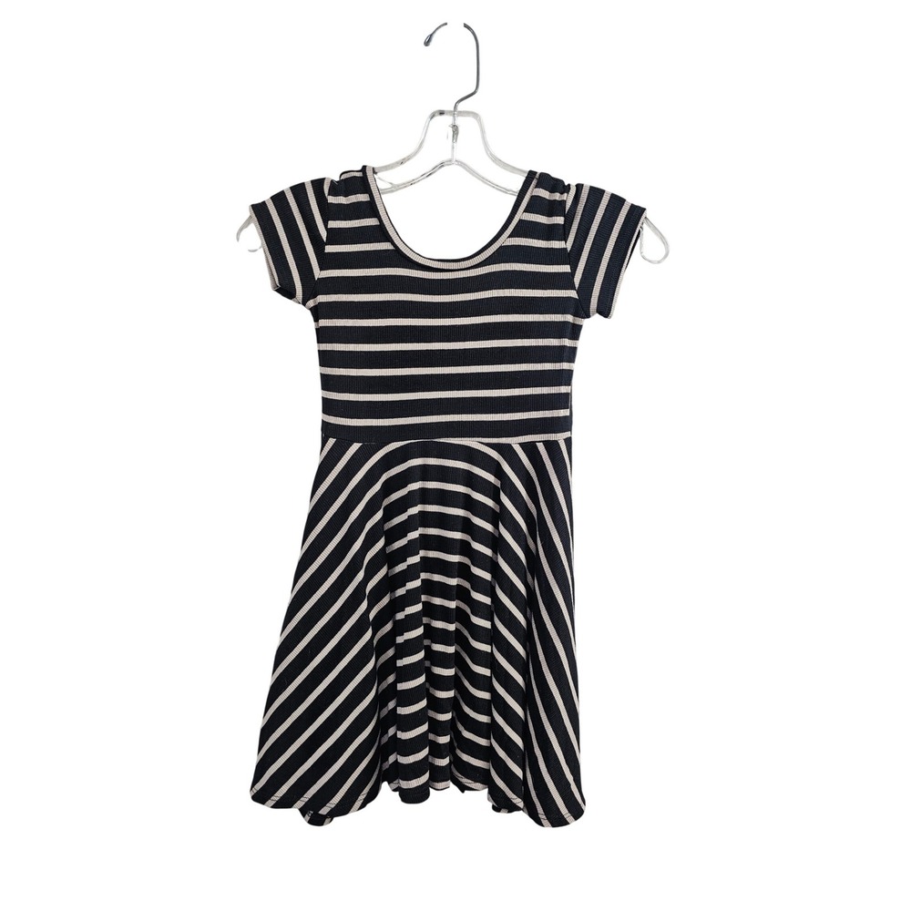 Wild Rich Kids Girls Black Beige‎ Striped Ribbed Skater DressSz 5/6 Short Sleeve